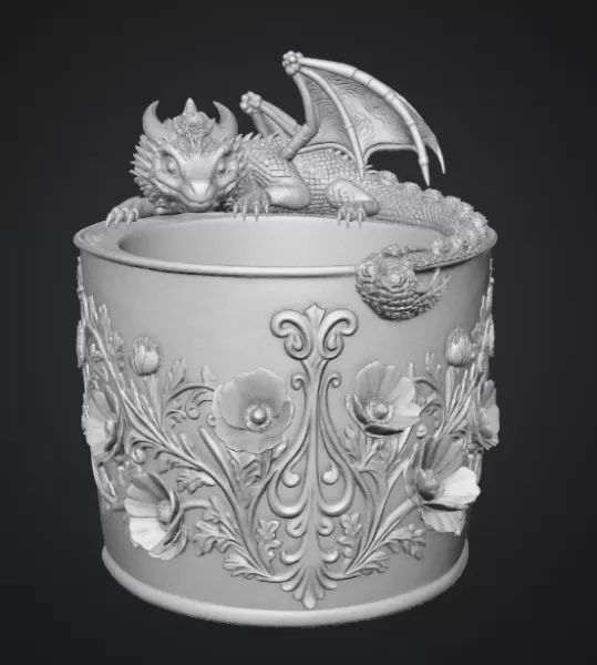 Crimson Poppy Dragon Planter STL File for 3D Print - Model preview 9