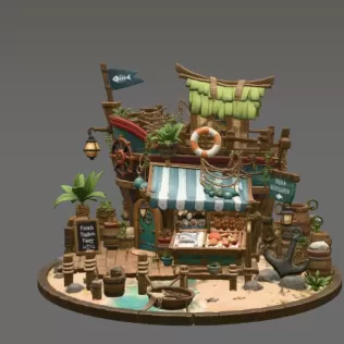 Floating Fish Market Boat STL File for 3D Print - Model thumbnail 6
