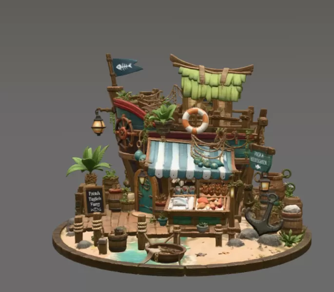 Floating Fish Market Boat STL File for 3D Print - Model preview 6