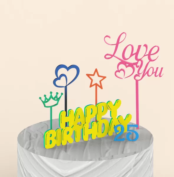 3D Cake Toppers Set, 15 pcs. Bundle, Happy Birthday Cake Toppers - Model preview 1