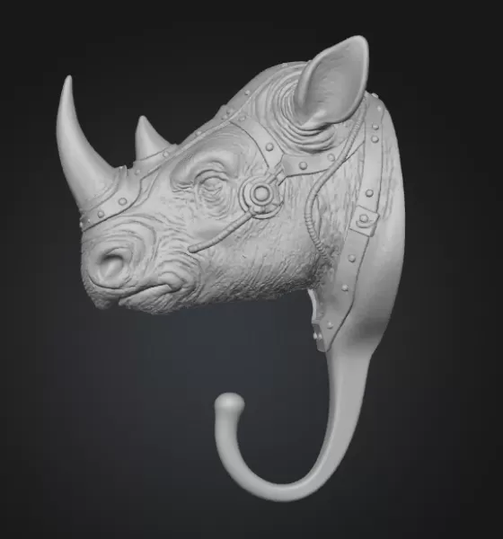 🦏 STL File Description — Steampunk Rhino Wall Hook - Model preview 2