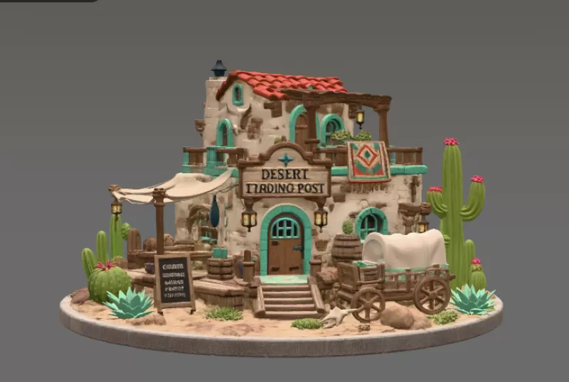 Desert Trading Post Fantasy Western Village STL File for 3D - Model preview 6