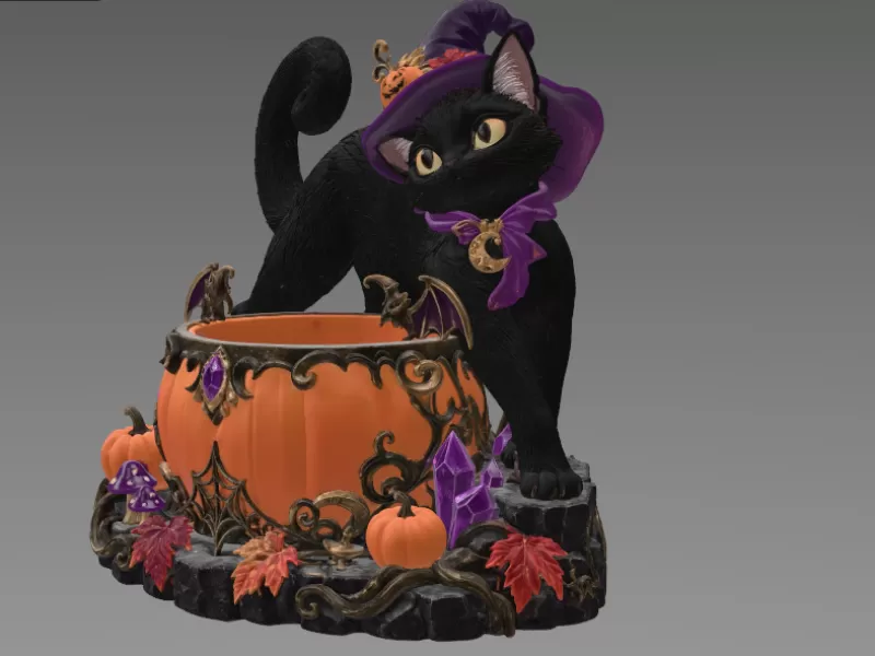 Halloween Witch Cat Pumpkin Bowl STL File for 3D Print - Model preview 8