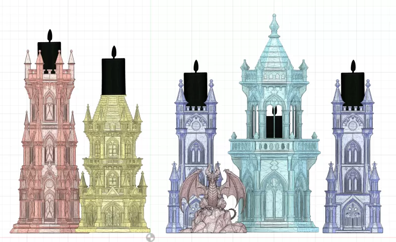 Complete Gothic Castle Set - 4 Towers + Dragon - Model preview 3
