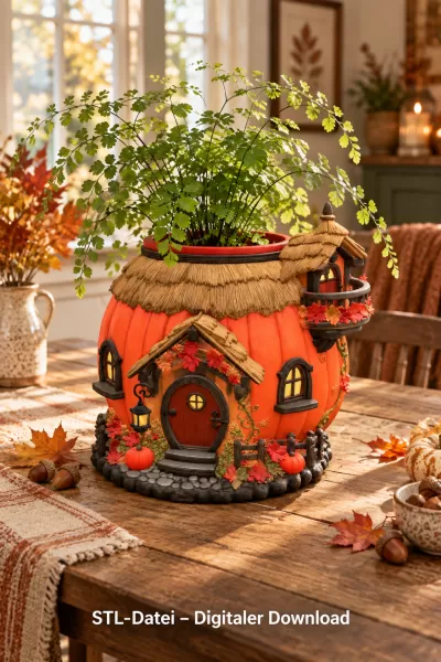 Autumn Pumpkin Cottage Planter STL File for 3D Print - Model preview 4