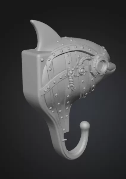 STL File Description — Steampunk Dolphin Wall Hook (print-ready) - Model preview 4