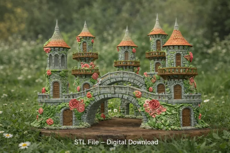 Enchanted Rose Castle Bridge Cottage STL File for 3D Printing - Model preview 1