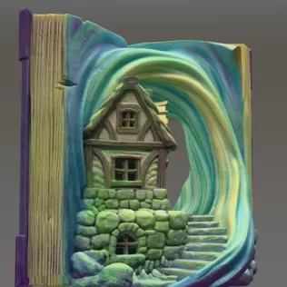 Fantasy Book Nook Cottage STL File 3D Printable Bookend Diorama - Model thumbnail 5