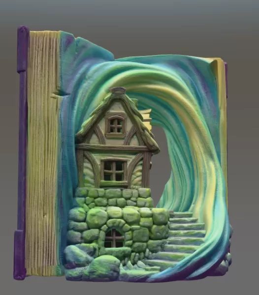 Fantasy Book Nook Cottage STL File 3D Printable Bookend Diorama - Model preview 5