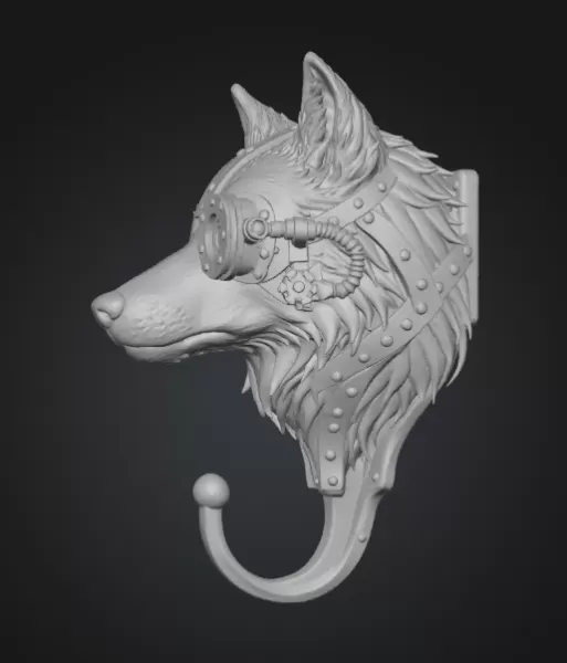 STL Description – Steampunk Wolf Wall Hook - Model preview 3