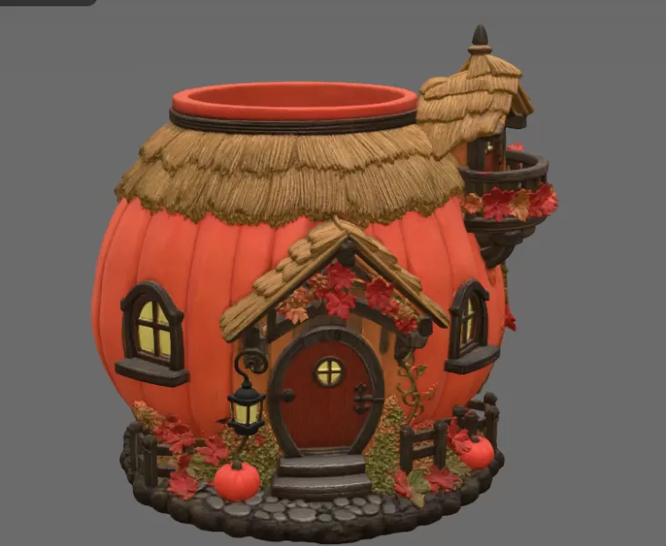 Autumn Pumpkin Cottage Planter STL File for 3D Print - Model preview 7
