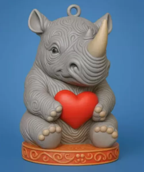 Cute Rhino Figurine With Heart — Pendant / Ornament - Model preview 1