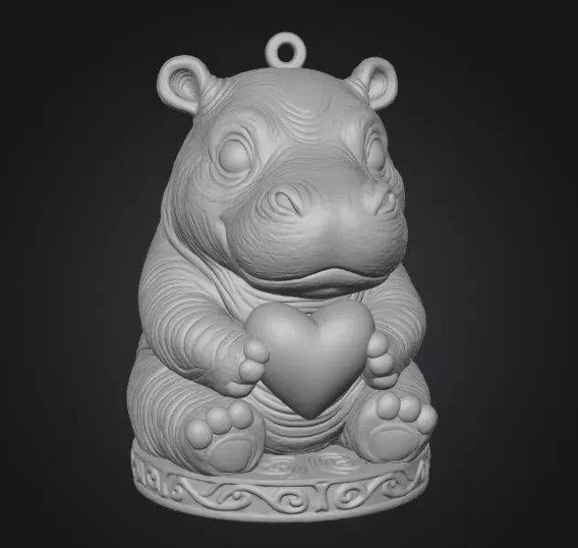 Cute Hippo Pendant — Heart Holding Figurine - Model preview 1