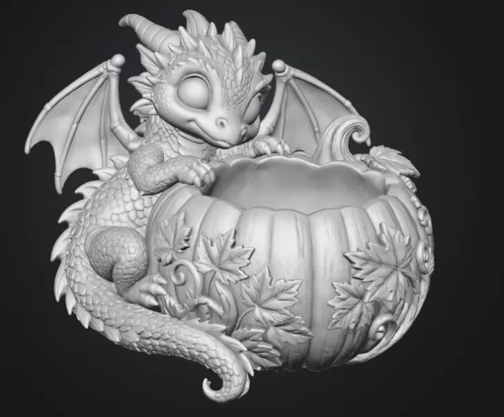 Autumn Baby Dragon Pumpkin Bowl STL File for 3D Print - Model preview 16