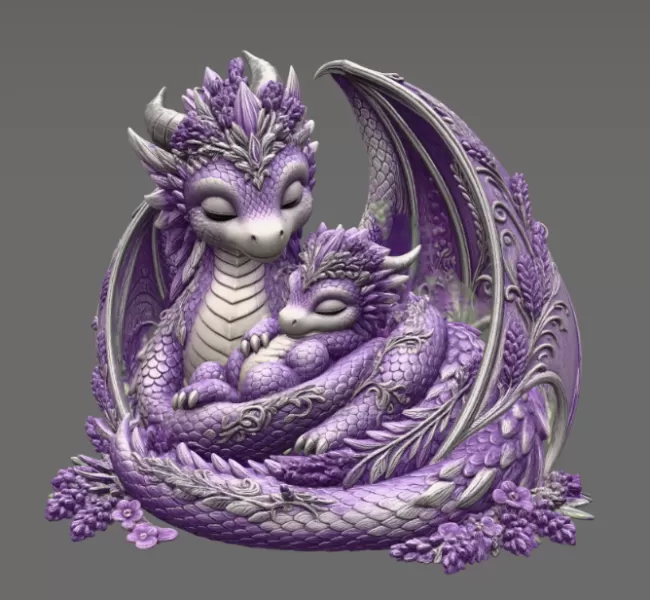 Lavender Dragon Mother and Baby STL File for 3D Print - Model preview 7