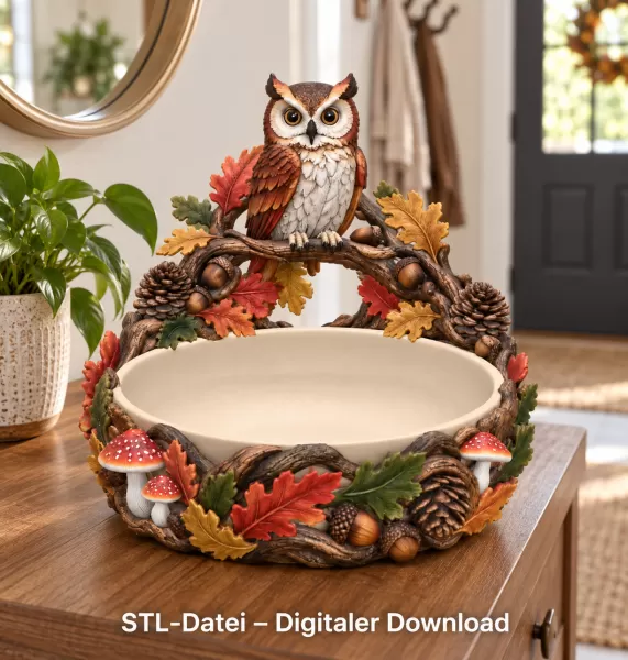 Autumn Owl Bowl Organizer STL File for 3D Print - Model preview 4