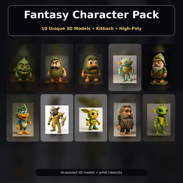 Fantasy Character Pack – Cute High-Poly Kitbash Creatures - Model preview 1