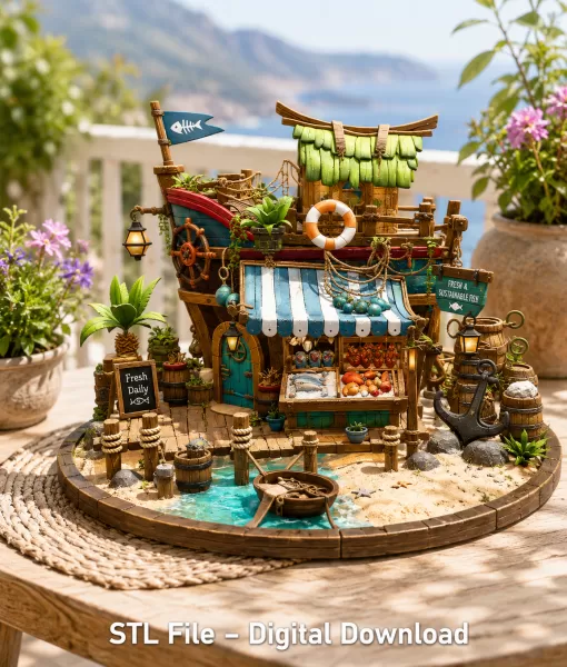 Floating Fish Market Boat STL File for 3D Print - Model preview 3