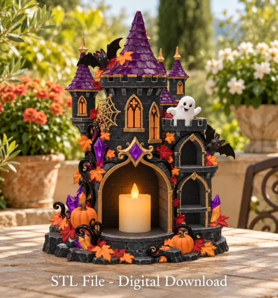 Haunted Halloween Castle LED Candle Holder STL File for 3D Print - Model preview 1