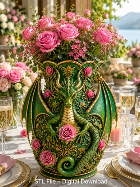 Emerald Rose Dragon Vase STL for 3D Print - Model preview 3