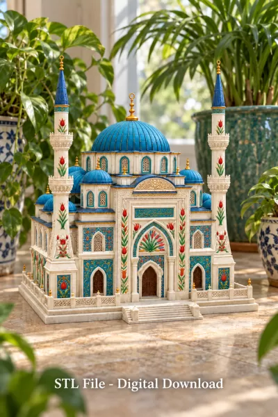 Blue Dome and Twin Minaret Architecture STL File for 3D Print - Model preview 1