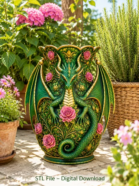 Emerald Rose Dragon Vase STL for 3D Print - Model preview 2
