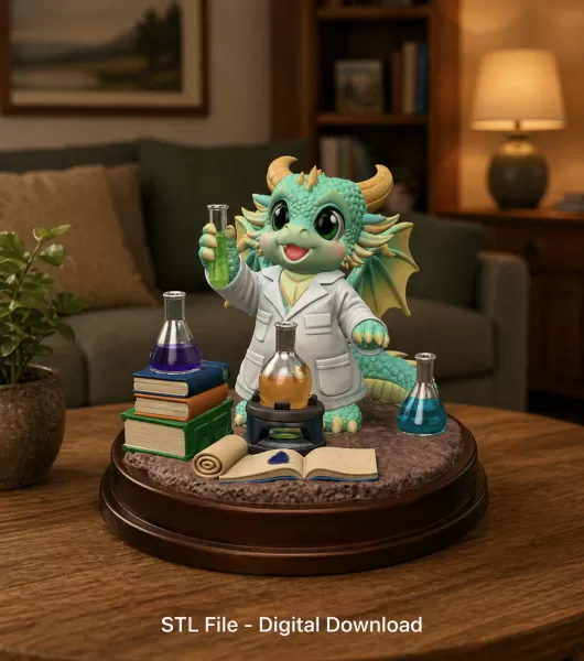 Cute Scientist Dragon Figurine STL File for 3D Print - Model preview 1