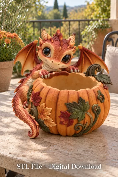 Autumn Baby Dragon Pumpkin Bowl STL File for 3D Print - Model preview 2
