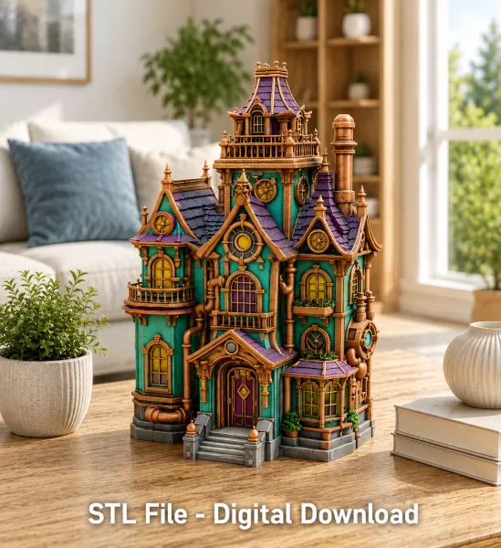 Whimsical Steampunk Manor STL File for 3D Print - Model preview 3