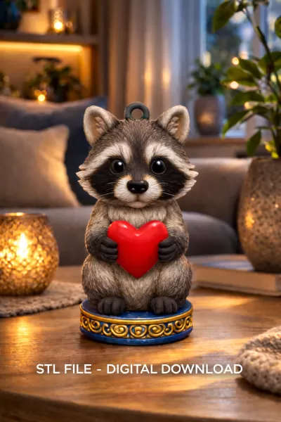 Cute Woodland Raccoon STL File – Heart Ornament 3D Print Downloa - Model preview 1