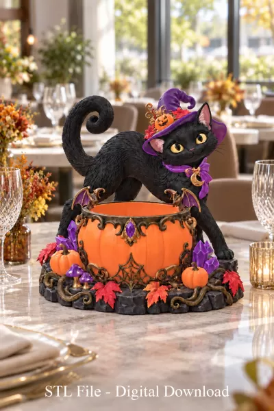 Halloween Witch Cat Pumpkin Bowl STL File for 3D Print - Model preview 2