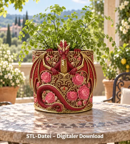 Red Floral Dragon Flower Pot STL File for 3D Print - Model preview 2
