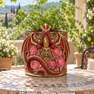 Red Floral Dragon Flower Pot STL File for 3D Print - Model thumbnail 2
