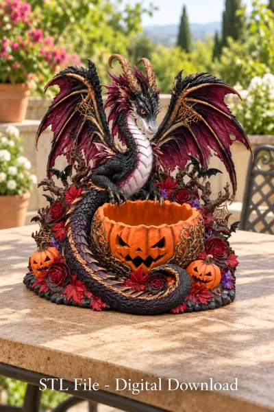 Gothic Halloween Dragon Pumpkin Bowl STL File for 3D Print - Model preview 2