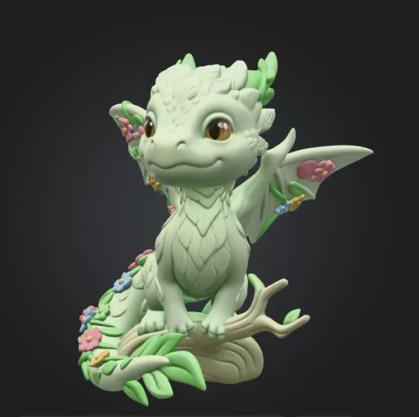 Floral Forest Dragon STL File 3D Printable Cute Fantasy Dragon - Model preview 4