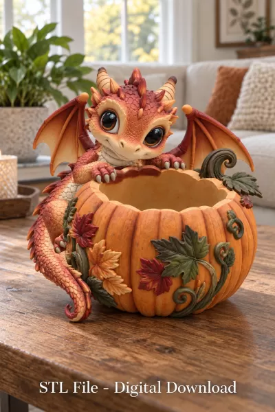 Autumn Baby Dragon Pumpkin Bowl STL File for 3D Print - Model preview 1