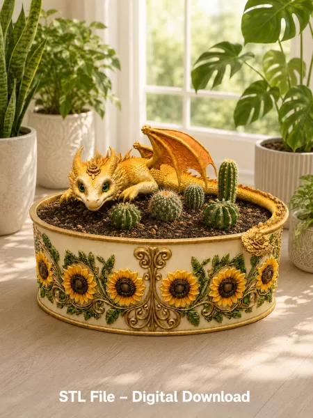 Golden Sunflower Dragon Planter STL File for 3D Print - Model preview 6