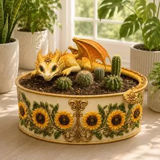 Golden Sunflower Dragon Planter STL File for 3D Print - Model thumbnail 6