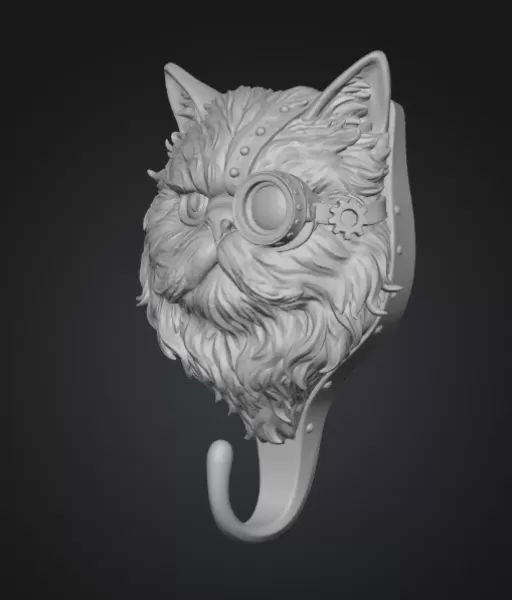 Steampunk Persian Cat Wall Hook – Highly Detailed - Model preview 3