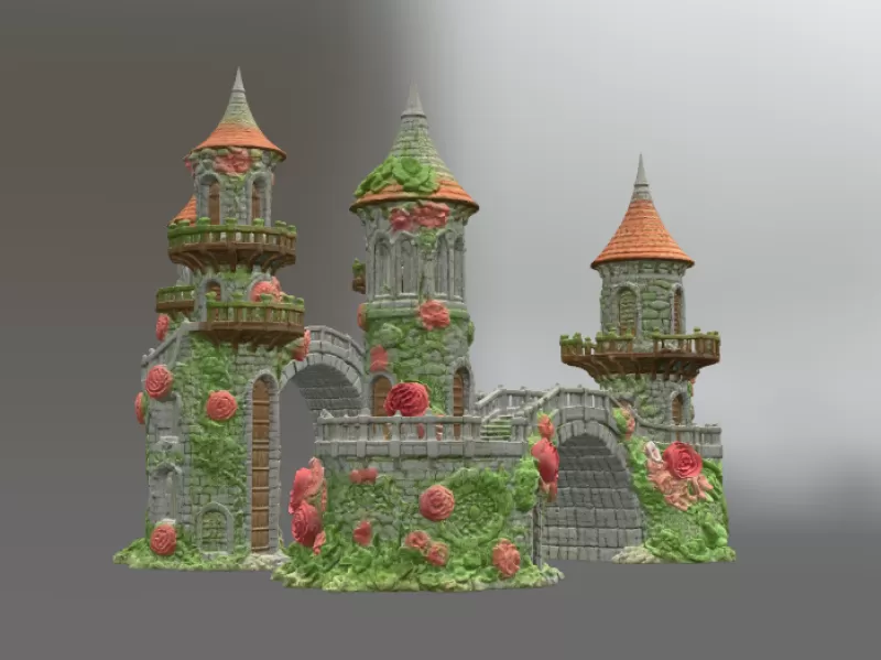 Enchanted Rose Castle Bridge Cottage STL File for 3D Printing - Model preview 7