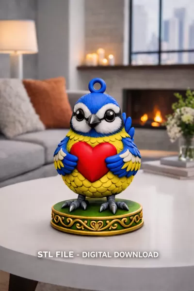 Cute Blue Bird with Heart STL – Adorable 3D Printable Ornament - Model preview 2