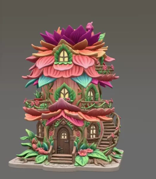Whimsical Blossom Cottage STL File for 3D Printing - Model preview 3