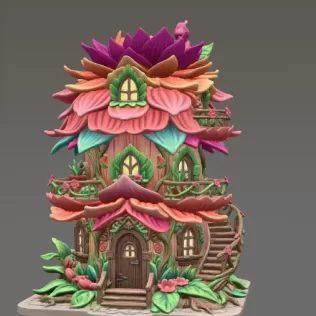 Whimsical Blossom Cottage STL File for 3D Printing - Model thumbnail 3