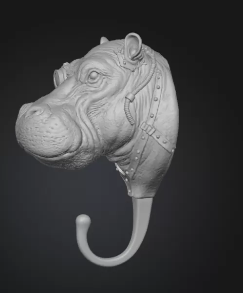 STL File Description — Steampunk Hippo Wall Hook - Model preview 3