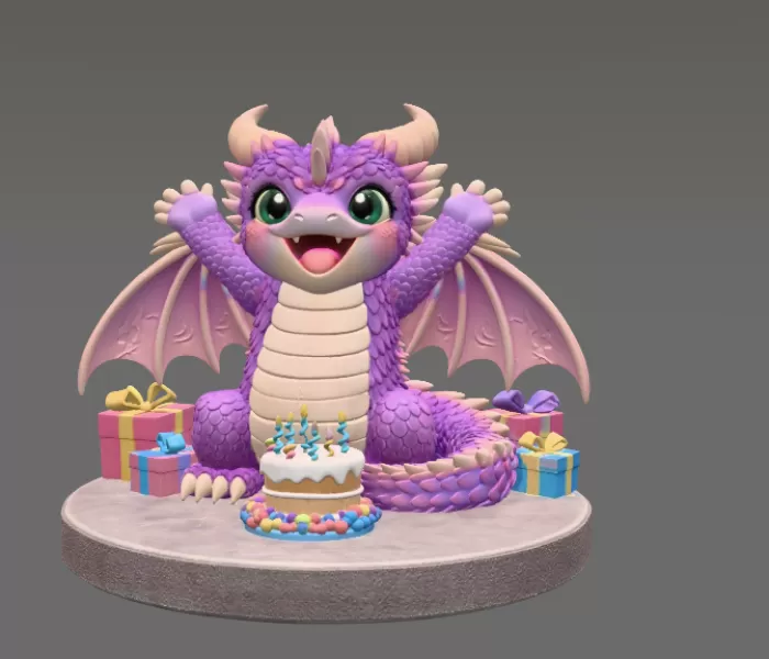 Cute Birthday Dragon STL File for 3D Printing - Model preview 3