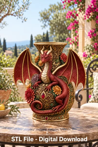 Crimson Floral Dragon Vase STL File for 3D Print - Model preview 2
