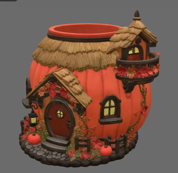 Autumn Pumpkin Cottage Planter STL File for 3D Print - Model preview 9