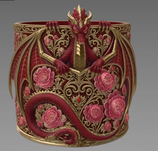 Red Floral Dragon Flower Pot STL File for 3D Print - Model preview 8