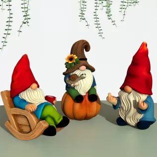 Garden Gnome Figures, 3 pcs. Spring Gnomes, Rocking Chair