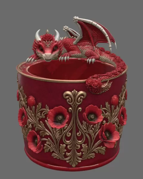 Crimson Poppy Dragon Planter STL File for 3D Print - Model preview 5